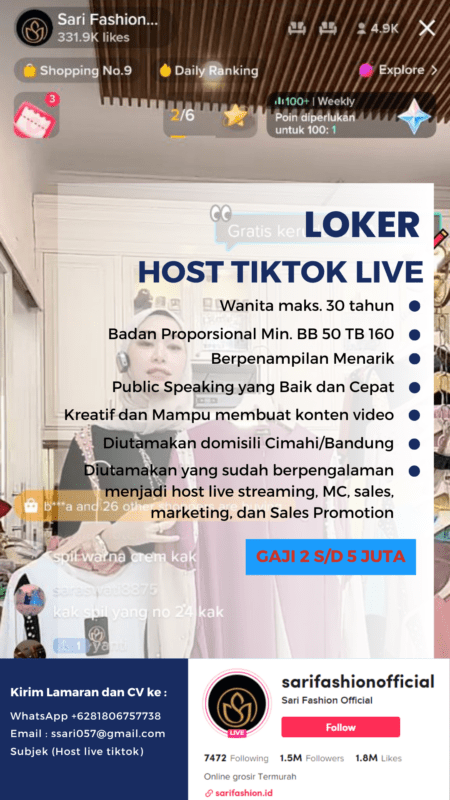 Lowongan Kerja Host Tiktok Live Di Sari Fashion Official LokerBandung Id