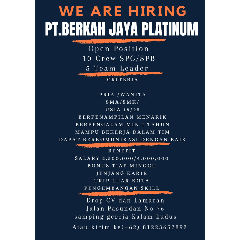 Lowongan Kerja Spg And Spb Team Leader Di Pt Berkah Jaya Platinum