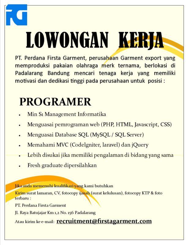 Lowongan Kerja Programmer Di Pt Perdana Firsta Garment Lokerbandung Id